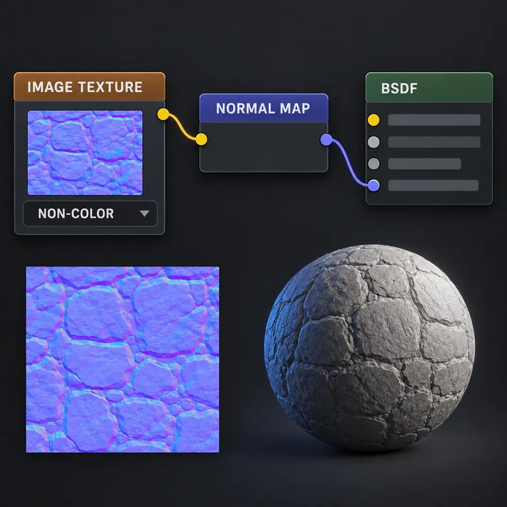 Blender Shader Editor normal map verification diagram showing Image Texture set to Non-Color, Normal Map node, and Principled BSDF