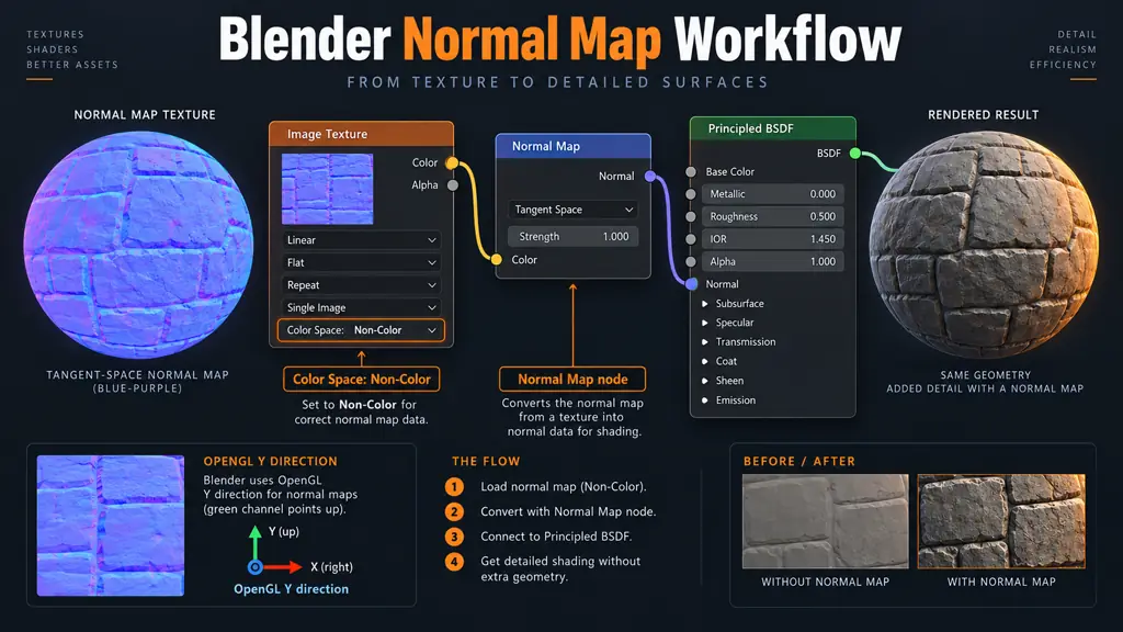 Blender normal map workflow showing an image texture set to Non-Color connected through a Normal Map node to Principled BSDF
