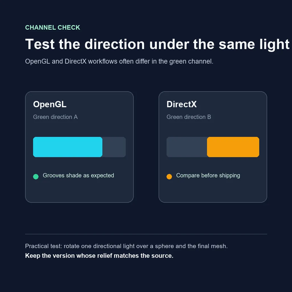 Diagram comparing a normal map channel check with green channel direction and a rendered relief test