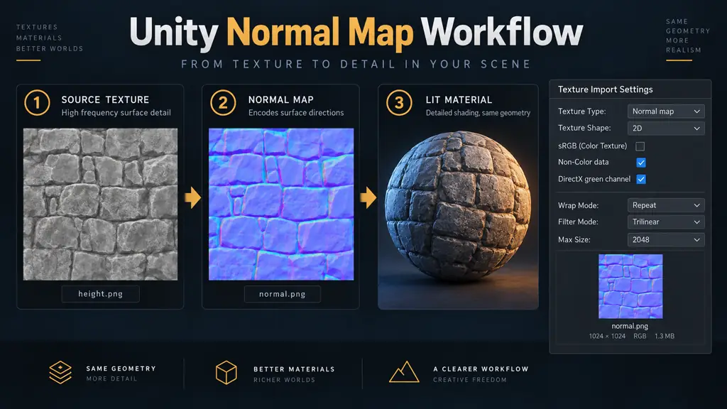 Unity normal map workflow showing a source texture, purple normal map, lit stone sphere, and texture import settings