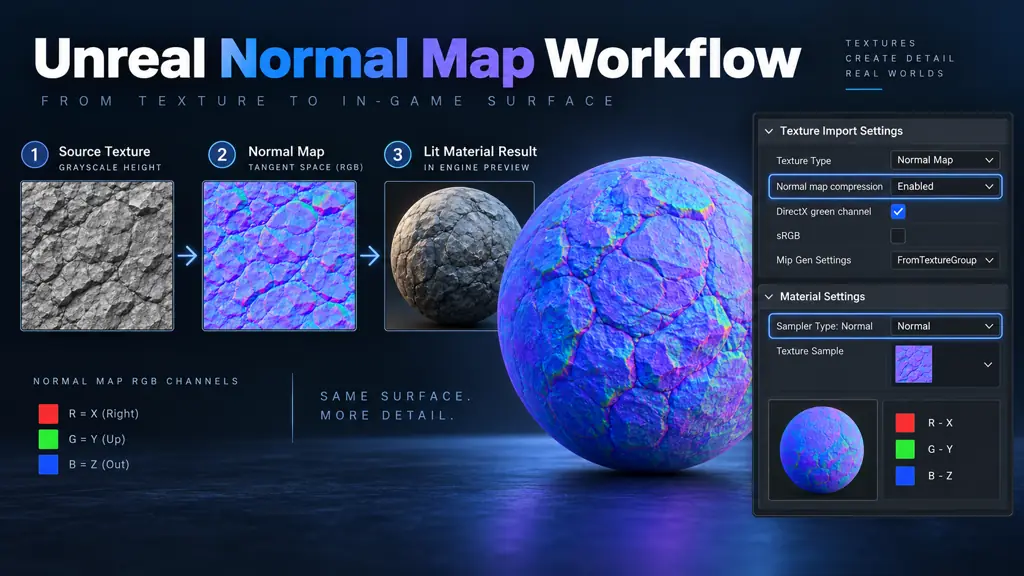 Unreal normal map workflow showing a source texture, normal map, lit material sphere, and normal compression settings